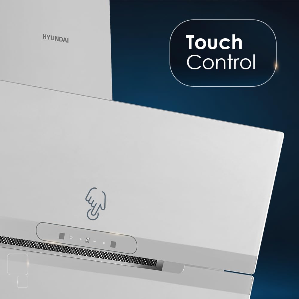 Hyundai Campana Extractora Decorativa Inclinada 90cm, Cristal blanco, HCDE90DCW00. Potencia 831m3/h, 3 Velocidades, 2 Filtros, 64 dB Nivel Sonoro, Control Táctil, Filtros aptos para Lavavajillas