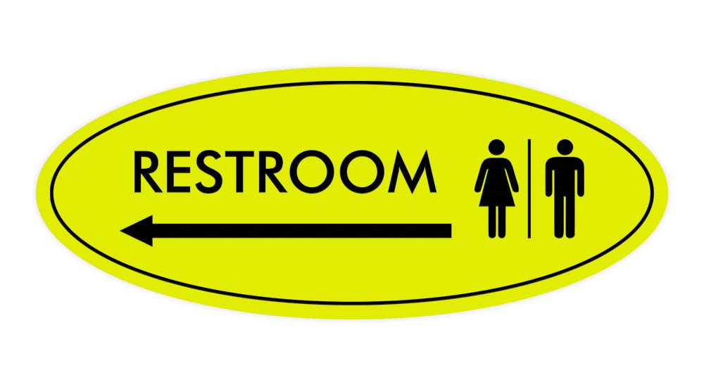 Oval RESTROOM LEFT ARROW Sign (Yellow/Black) - Large 1 Pack