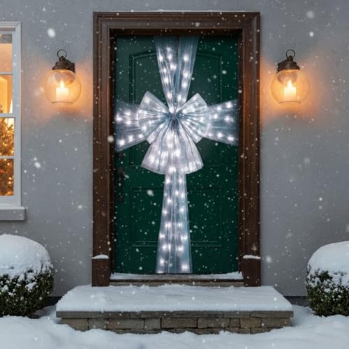 ReTaaj Extra Large Deluxe Christmas Fabric Door Bow & Ribbon Full Wrap White LED Light Wedding Traditional Xmas Party Gifts Outdoor Front Door Decoration (Grey with LED Lights)