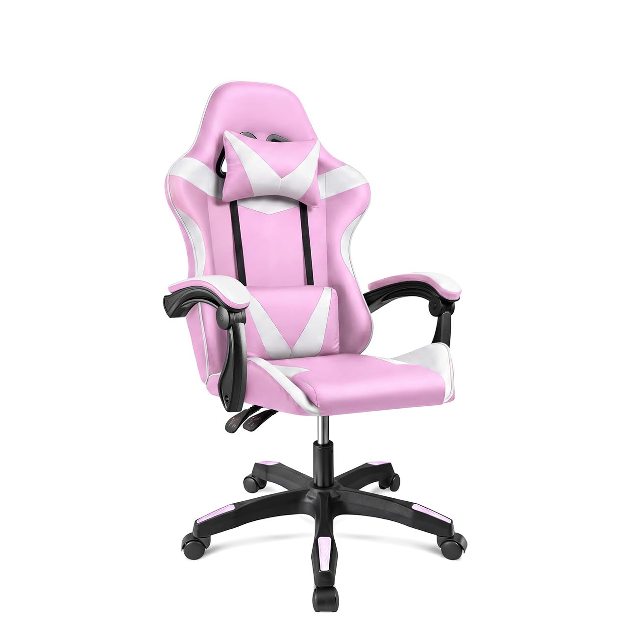 duehome | Ergonomic Reclining Gaming Chair with Lumbar and Cervical Cushion, 360° Wheels, Viper Model, Pink and White Finish, Measurements: 56 cm (W) x 53 cm (L) x 117-128 cm (H)