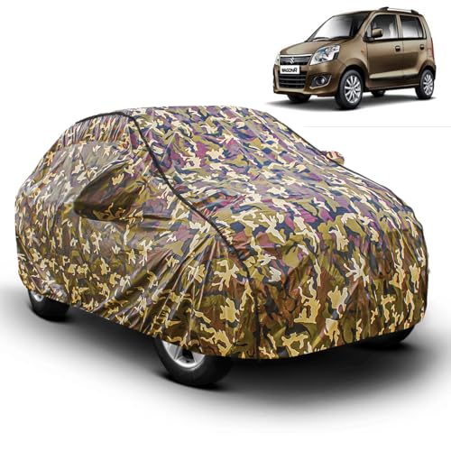 Image of FABTEC Car Body Cover for Maruti Wagon R Jungle Print with Soft Cotton Lining Waterproof Car Cover UV & Rain Protection with Mirror Pocket Bottom Elastic (Military /Camouflage Pattern)