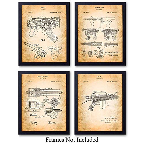 Original Famous Automatic Weapons Wall Art Patent Prints - Unframed Set of Four