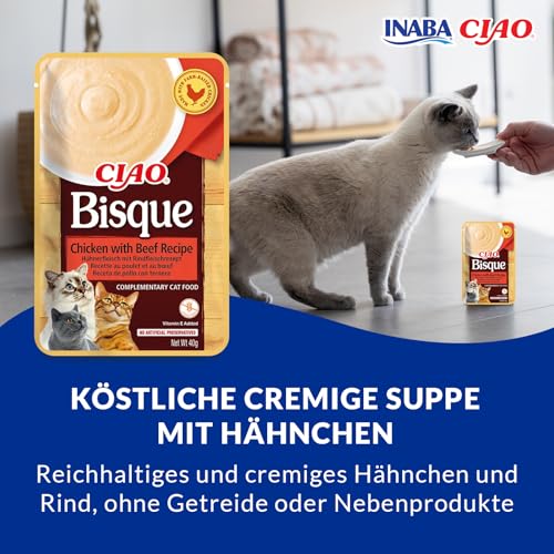 INABA Ciao Bisque Katzenfutter Nass Kalorienarm mit 28% Hühnerfleisch | Getreidefrei, Zuckerfrei, Keine Nebenerzeugnisse, Cremige Paste und Leckere Katzensuppe aus Japan 40 g (12er Pack)