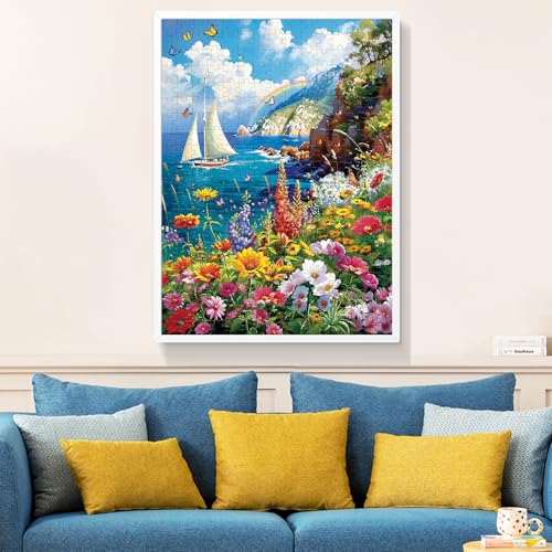 Image of 300 Pieces Puzzles for Adults-Colorful Garden By The Ocean Puzzle for Adults Children Elderly-Recycled Paper Puzzle 300 Pieces-Glossy, Sturdy Pieces Challenging Family Game Great Gift Idea (20.5x15in)