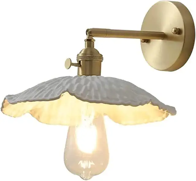 Applique Murale Céramique Fleur avec Abat-Jour Blanc et Tête Réglable - Style Japonais