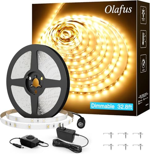 Olafus 32.8ft LED Strip Lights Warm White, Dimmable Soft White Light Strip 3000K with Adhesive Clips, 12V 10M Flexible Led Lights for Bedroom Indoor Kitchen, UL Listed Plug, 600 LEDs 2835