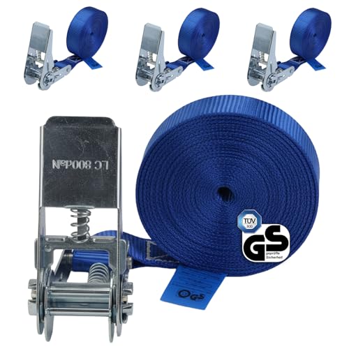 Spanngurt mit Ratsche 4er Set | TÜV geprüft | 4 m oder 6 m | 25 mm breit | Ratschengurt Ratschenspanngurt Zurrgurt belastbar bis 800 kg - 4er Pack 2.5 cm x 6 m