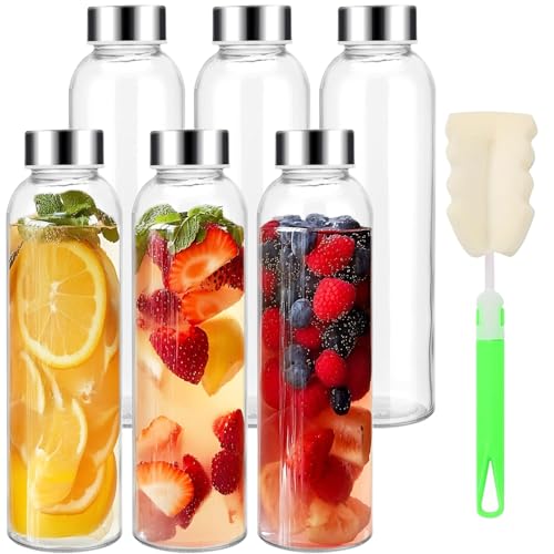 Yokodaza Glass Water Bottles 16 oz with Lids, Reusable Clear
