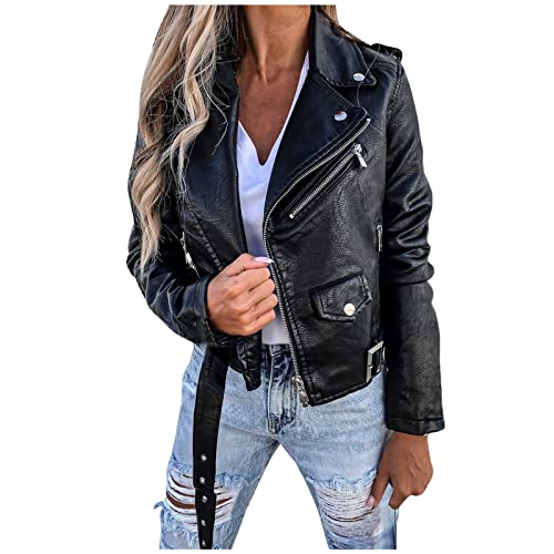 Faux Leather Jacket Women Cropped Faux Leather Textured Short Moto Jacket Zip-up Slim PU Biker Coat with Belt