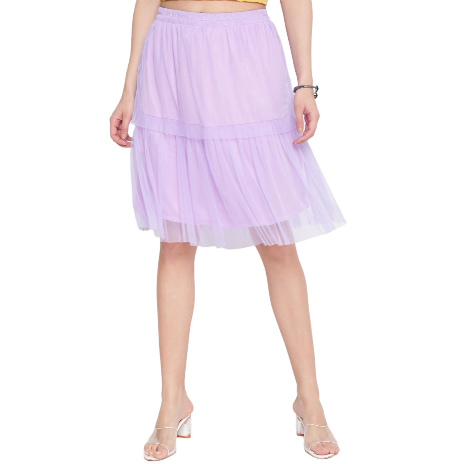 Women Two Layer Net Solid Maxi Skirts