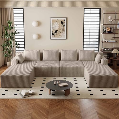 Image of 142 inch Cloud Sectional Boneless Couches for Living Room, Modular U Shaped Couch with 2 Chaise, Modern Comfy Deep Seat Corduroy Memory Foam Compressed Sofa for Apartment, Camel