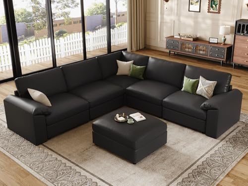 Image of EASE MOOSE Oversized Modular Sectional Couch with Ottoman, Vintage Faux Leather Sectional Sofa with Deep Seat, Scratch Resistant Faux Leather Material, Extra Large L Shaped Couch,Deep Black
