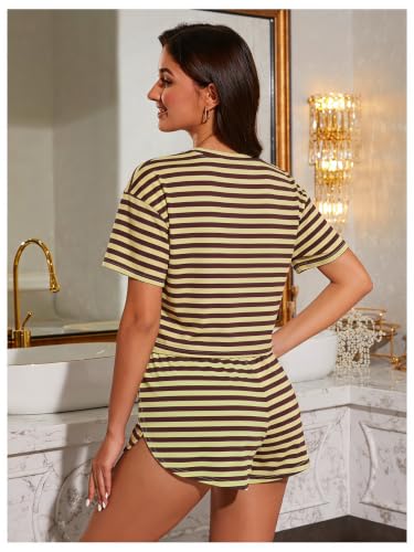 Image of OYOANGLE Womens Pajama Sets 2 Piece Sexy Lounge Sets Summer Cute Pjs Striped Print Tee and Side Split Shorts Set