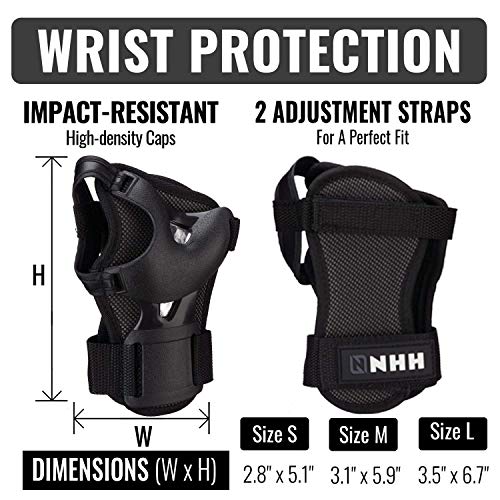 NHH Skateboard Knee Pads Elbow Pads and Wrist Guards - 6 in 1 Protective Gear Set for Kids Youth Adults Bicycling Cycling Bike Skateboard Inline Skate and Scooter (Black, L)