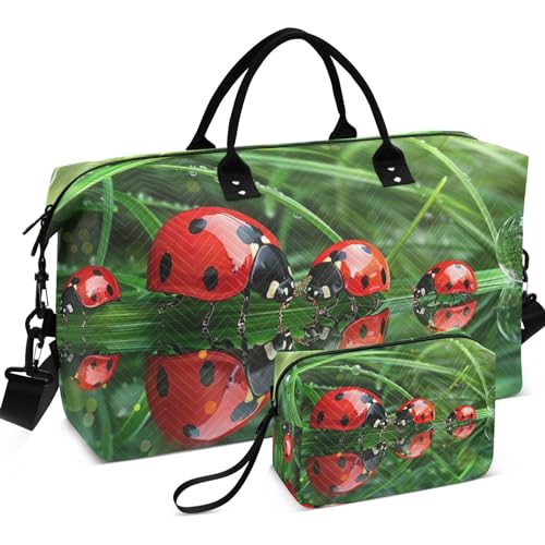 Ladybugs Droplet Grass Green Duffel Bag for Travel Toiletry Bags Set of 2, Funny Luggage Set Weekend Bag Duffel