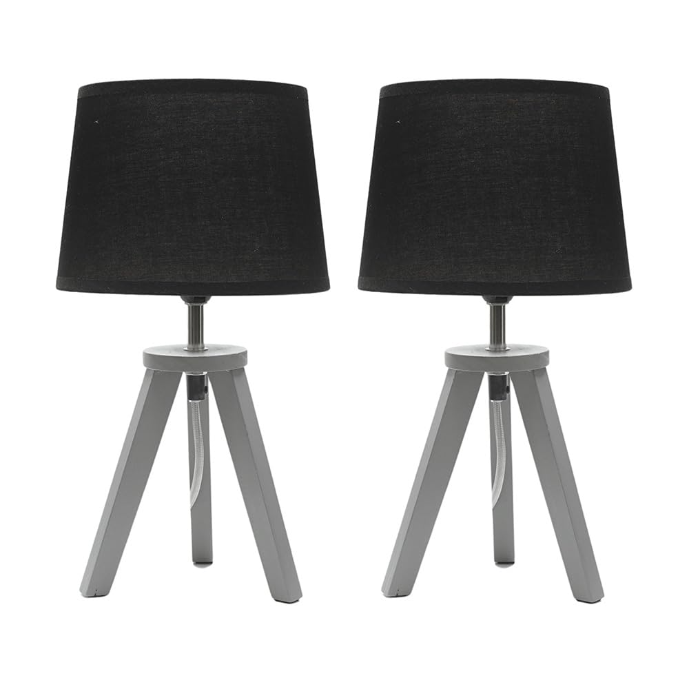 Pair of - Grey Wood Tripod Table Lamp with Linen Tapered Lampshade Living Room Bedside Light