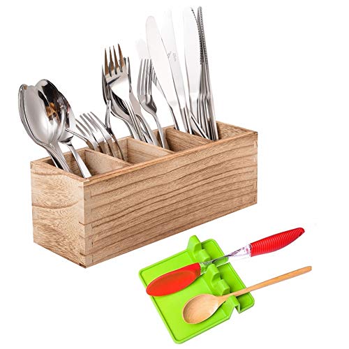 Wooden Flatware Caddy Organizer Vintage 4 Removable Compartments with a Green Silicone Utensil Rest for Kitchen, Dining, Entertaining, Picnics