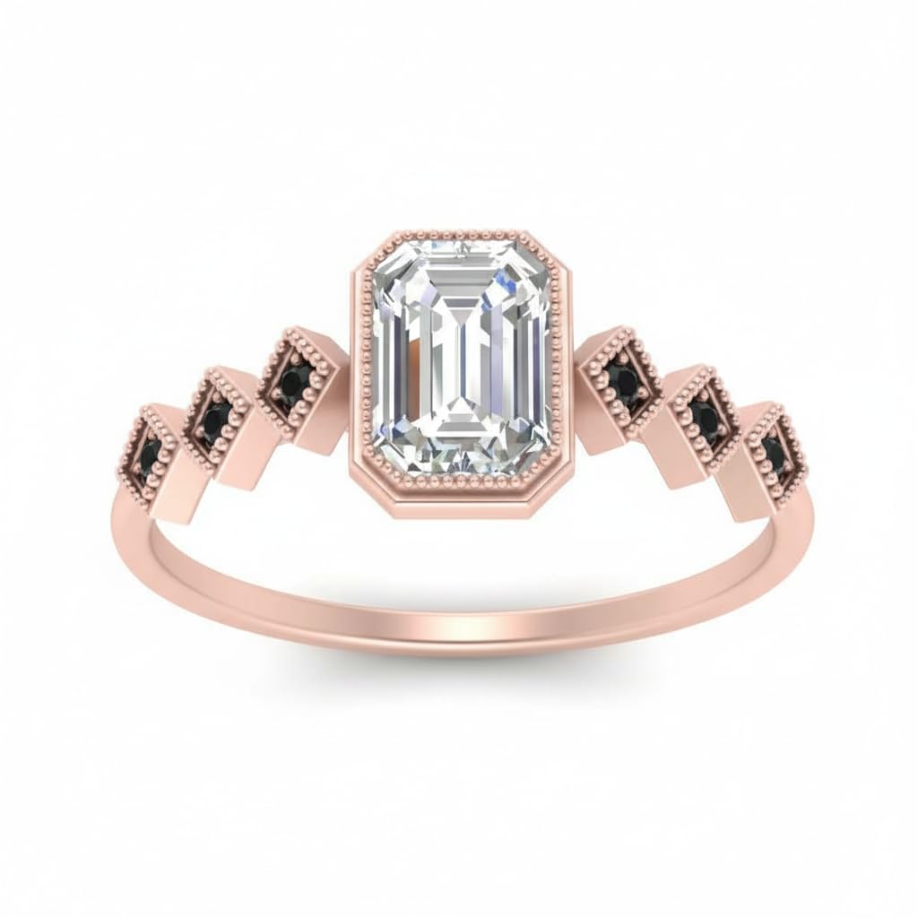 Choose Your Gemstone Bezel Set Emerald Accented Diamond CZ Ring Rose Gold Plated Emerald Shape Side Stone Engagement Rings for Women, Girls and Ladies US Size 4 to 12
