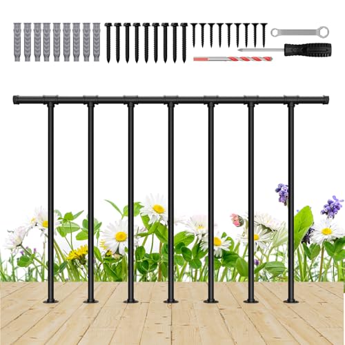 Deck Railings Metal Porch Railing Guard Rail Kit with Balusters Wrought Iron Flat Railing Kit Outdoor Metal Railings for Deck, Porch, and Balcony, Black (34 in. H x 4 ft. W)