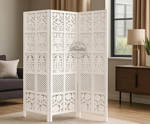 Image of Wooden Room Divider Screen, Carved,Decorative Handcrafted Privacy Screen Separator Wall Divider | Folding Partition with Floral & Jaali Design (White, 3 Panel)