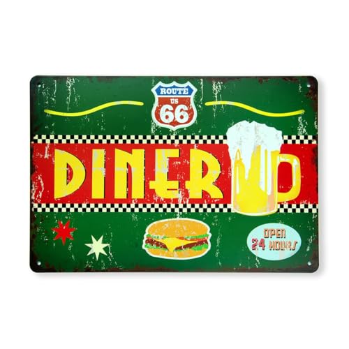 Image of Decorative Retro Metal Signs Wall Plate - 12x8 Inch (Rout 66 Diner) | Weatherproof Vintage Metal Sign Plate for Cafe, Home, Bar, Garage | Decorative Wall Hanging Sign Board