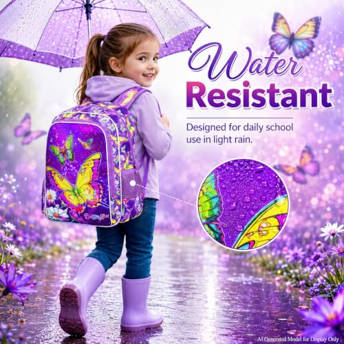Image of 3Pcs Butterfly Backpack for Girls, 16 inch Kids Bookbag with Lunch Box，School Backpacks for Elementary Preschool Kindergarten (Purple)