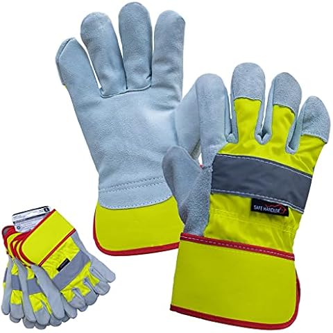 SAFE HANDLER Reflect Pro Rigger Gloves | High Vis Work Gloves for Men & Women, Reflective, Leather Palm and Fingertips, OSFM, 3 Pairs (6 gloves) Cover