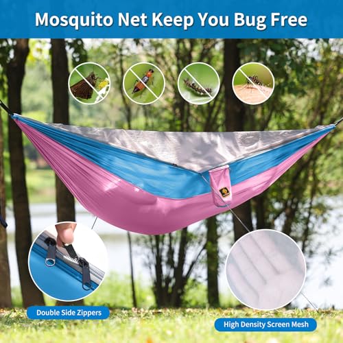 Image of Small Hammock, Camping Hammock with Mosquito Net, Lightweight Nylon Portable Hammock with 10ft Tree Straps,Hammocks for Travel Hiking Backpacking Beach Patio