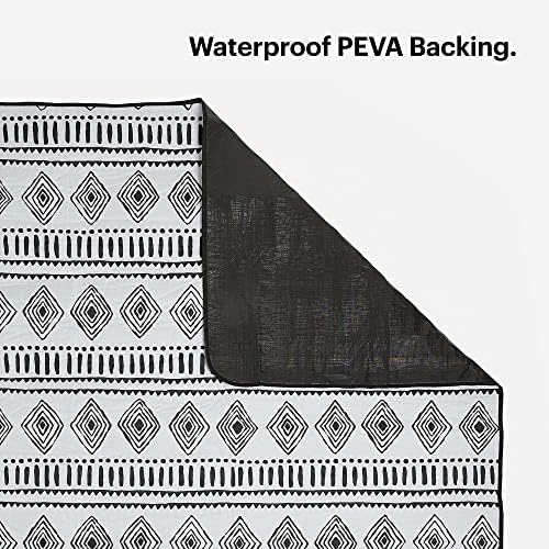 BTFY Printed Picnic Blanket - Large Aztec Boho Print Picnic Rug for Garden & Outdoors - Portable Travel Mat w/Handle - Waterproof, Lightweight, Durable & Easy Clean - Black & White - 145cm x 180cm