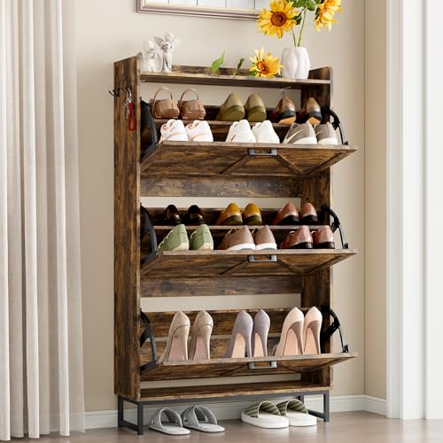 Image of BORNOON Shoe Cabinet with 3 Flip Drawers Narrow Shoe Storage Cabinet Organizer Wooden Freestanding Shoe Rack Hidden Slim Shoes Storage Cabinet for Entryway, Hallway, Living Room, Bedroom