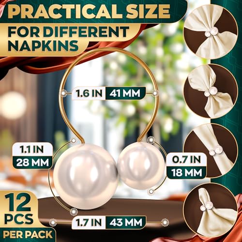 Image of Gold Pearl Napkin Rings Set of 12 - Easter Napkin Rings | Easter Table Decor with Faux Pearls | Reusable, Metal & Scratch-Resistant Finish - for Weddings, Banquets, Holiday Easter Dinner & Gift Giving