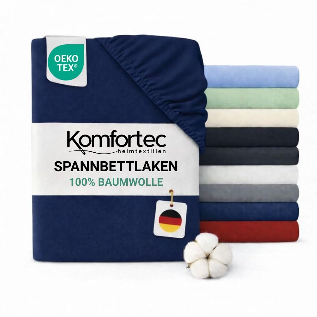 Komfortec Spannbettlaken Jersey 100% Baumwolle – 90x200 cm – 135g/m² – Weich, Atmungsaktiv & Hautfreundlich – Mit Rundumgummi – Oeko-Tex Zertifiziert – Für Boxspring, Topper & Matratzen – Blau