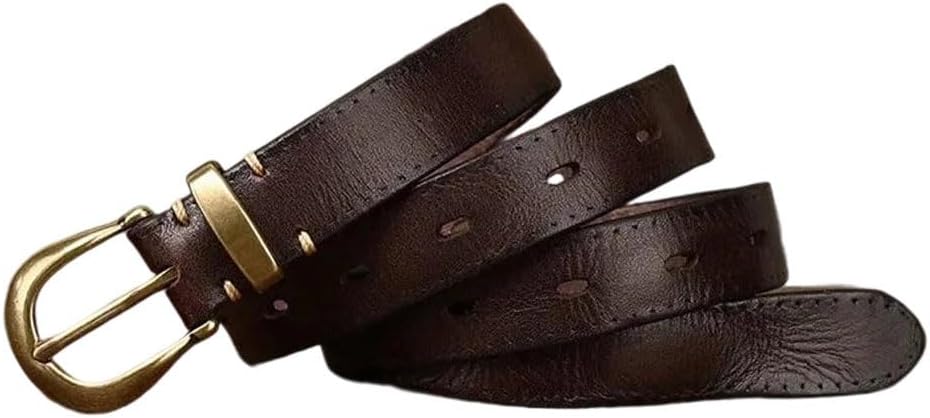 Women's Leather Belt - 2.3 cm Solid Cowhide with Copper Buckle, Vintage Style