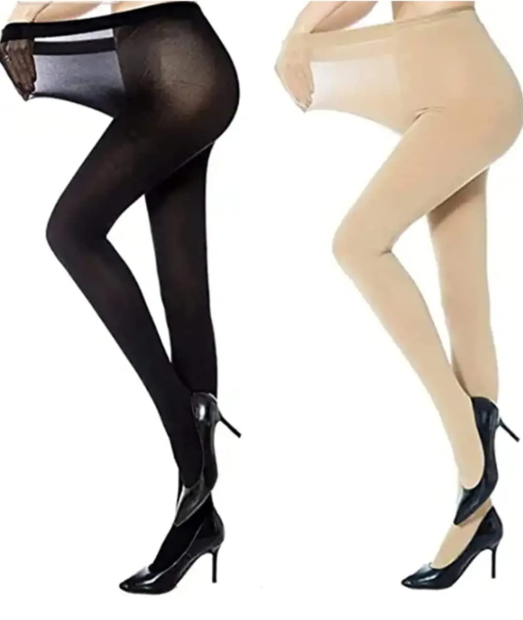 Women's Opaque Stockings, Size M (Waist 30-34 Inches), Black and Beige, 2-Pack