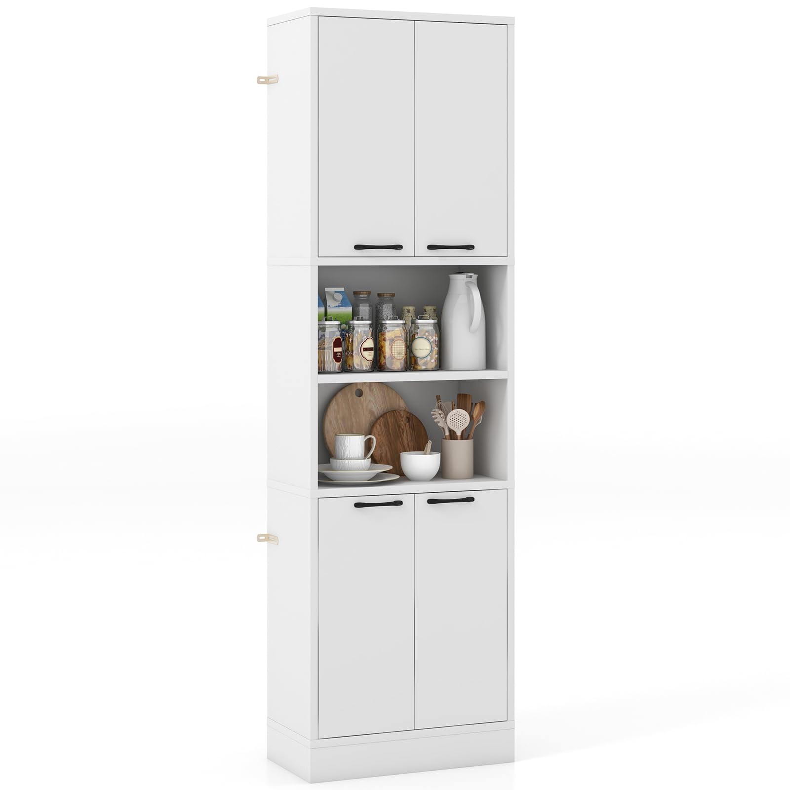 COSTWAY Tall Kitchen Cupboard, 4-Door Buffet Pantry Storage Cabinet with Shelves, Safety Hinges & Anti-tipping Devices, Freestanding Sideboard Organizer Unit for Dining Room Living Room (White)