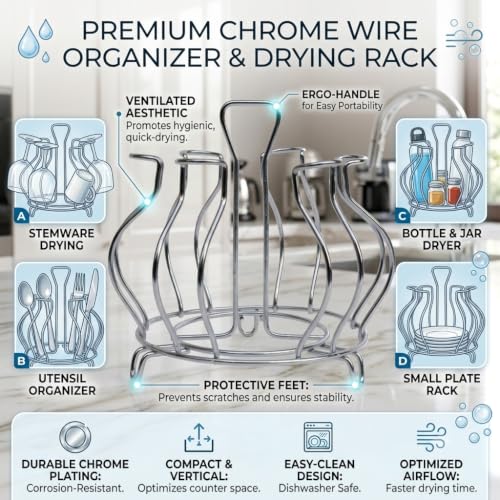 Image of Stainless Steel Glass Holder Stand for Kitchen Counter, Water Tumbler Organizer Rack, Drinking Cup Storage, Rust Resistant Glass Drying Stand, Modern Countertop Kitchen Organizer