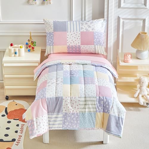 Image of Joyreap 4 Piece Cotton Toddler Bedding Set- Colorful Flowers Patchwork Design, Toddler Comforter Set for Girls, Includes Quilted Comforter, Fitted Sheet, Top Sheet, and Pillow Case