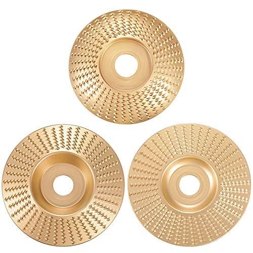 3 Pieces Tungsten Carbide Grinding Wheel Disc 5/8 Inch Bore Wood Carving Disc Flat Grinder Shape Abrasive Disc Bevel Wood Carving Grinder Disc Arc Grinding Wheel Shaping Disc for Woodworking (Gold)