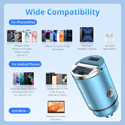 Image of SYNCWIRE 90W Cigarette Lighter USB C & USB Car Adapter [PD 45W & QC 45W] Super Mini Metal Car Charger USBC Quick Charge Compatible with iPhone 15 14 13 12 Pro Max, Google Pixel 7, Samsung, Blue