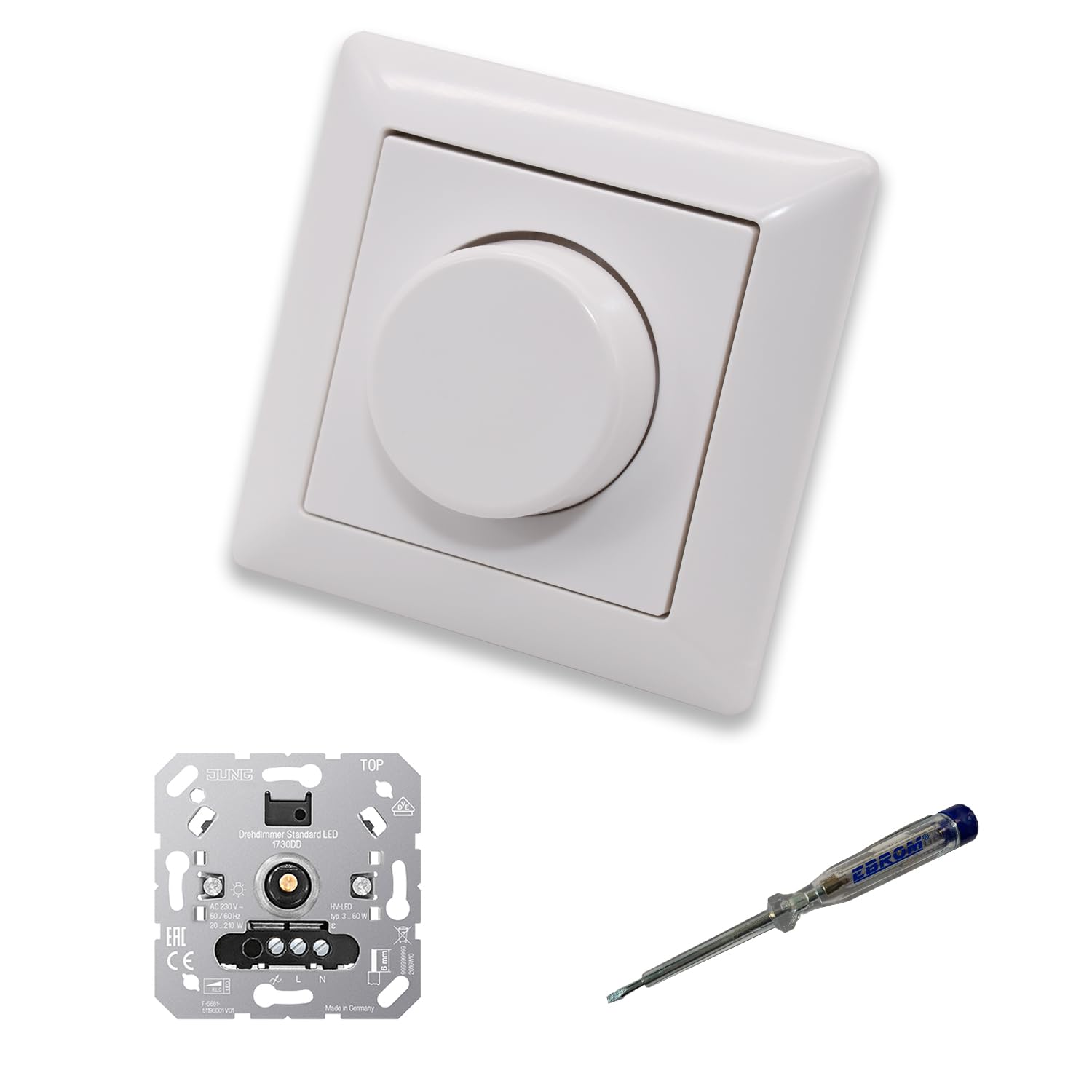 EBROM SET IDEE: JUNG 1730DD LED-Dimmer Dimmerscheibe Zentralplatte A1740WW | Dimmer + Dimmerscheibe Zentralplatte A1740WW Einfachrahmen alpinweiß glänzend + EBROM Phasenprüfer zur Montage des Dimmers