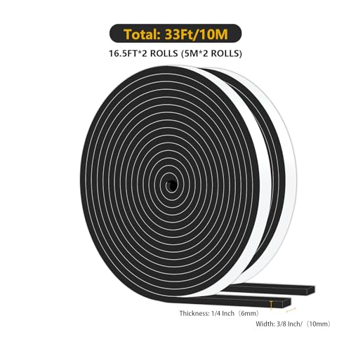 Image of Weather Stripping,High Density CR,Reduce Noise,1 /4 in x 1 /4 in x 33 Ft | Weather Stripping,Soundproof,Cold Insulation,Foam Insulation Tape for Door,Front Door Frame,Windows,Sliding Door,Black