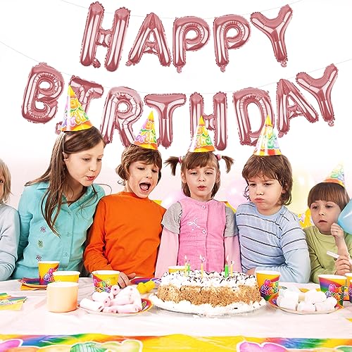 Image of Happy Birthday Balloons Banner Rose Gold 16 Inch Mylar Foil Letters | Inflatable Party Decor and Event Decorations for Kids and Adults | Reusable, Ecofriendly Fun
