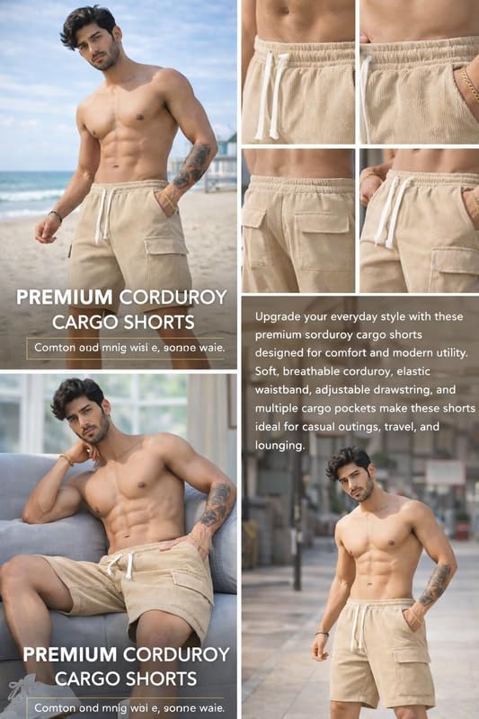 MALHOTRA Men's Premium Polycotton Casual Ribbed Shorts Beige - Image 3