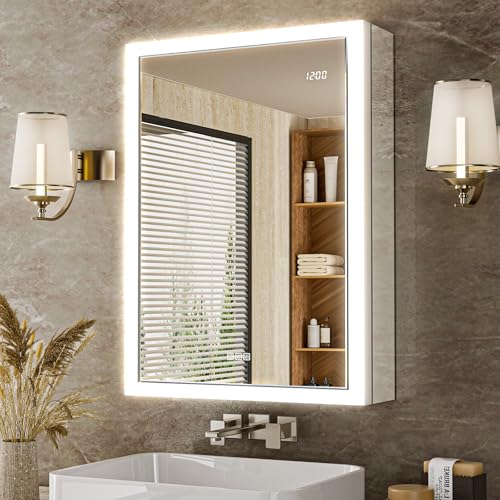 Comparison: Best Colors For Bathroom Cabinets 4 QueenFun 20''x26'' Recessed or Surface Lighted Medicine Cabinet with Mirror, 3 Color Dimmable Anti-Fog Bathroom LED Medicine Cabinet Mirror with Outlet, Time Display & Inner Light, Right-Hinge