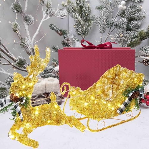 GAOMON Gold Reindeer Christmas Decor, Metal Frame Christmas Reindeer with Sleigh, Tabletop Reindeer Statue Christmas Decor, Lighted Deer Figurine, Battery Operated Glittering Xmas Holiday Party Supply
