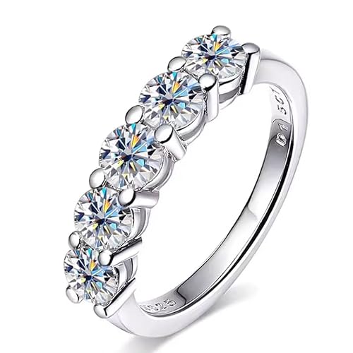 G.LEEKIN 5 Stone Moissanite Wedding Band Rings, 1.5cttw D Color VVS1 Clarity Moissanite Ring, s925 Sterling Silver Stackable Rings For Women With Certificate (white gold color, 6)