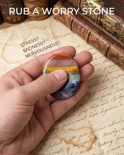 Image of 7 Chakra Thumb Worry Stone for Anxiety Relief - Natural Healing Crystals for Stress Relief, Meditation & Reiki - Oval Pocket Sensory Fidget Alleviate - Spiritual Birthday Gifts for Women & Mom