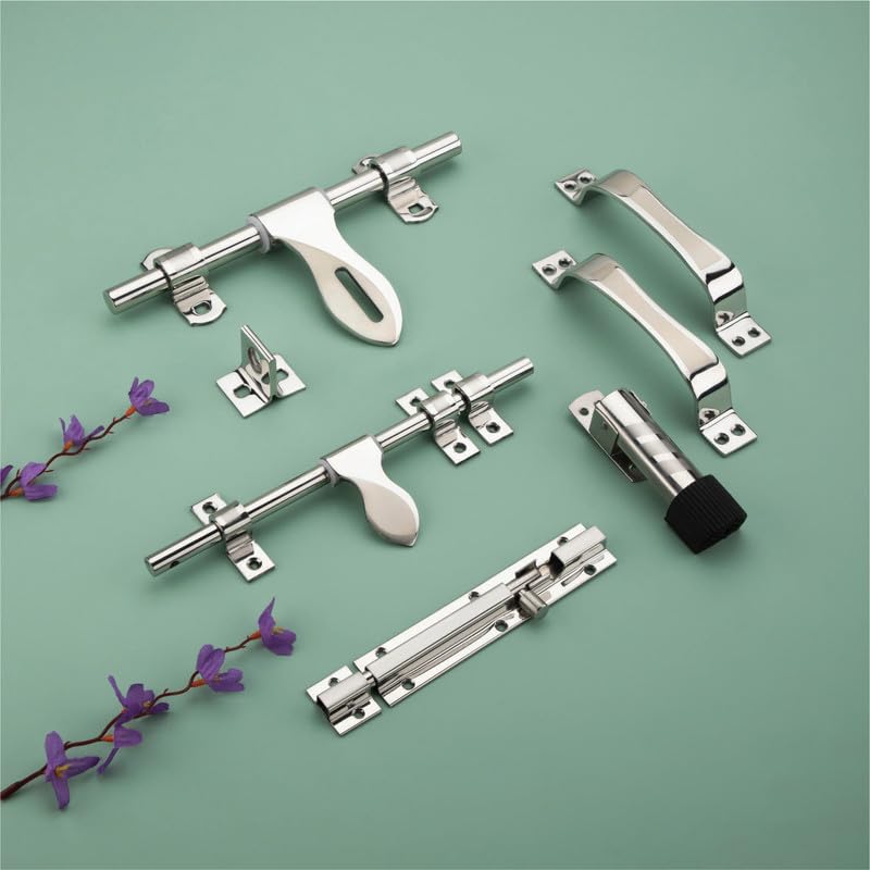 Image of COMPASS Paan Stainless Steel Heavy Double Door Fitting Accessories Full Set /Kit (1 Aldrop, 1 Latch, 4 Handles, 2 Tower Bolt and 2 Door Stopper | 12 inch | SS Finish