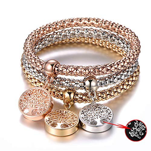 Sebrdbe Tricolor Hollow Life Tree Pendant Bracelet Corn Chain Bracelet, 3PC Bracelet Set Gold/Silver/Rose Gold Tone Crystal Charm Multilayer Bracelet, Suitable for Girls and Girls Beaded Charm Bra