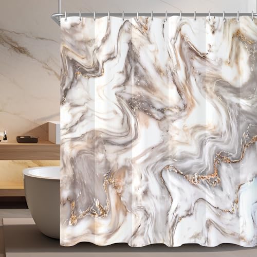 Lerores Shower Curtain, 180 x 180 cm, Grey-Yellow Marble, Weighted Hem, Anti-Mould Textile, Water-Repellent